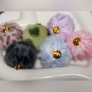 Pom Pom Pendant Animal Print Fluffy Soft Colorful 6 Pc Charm Crafts Keychain